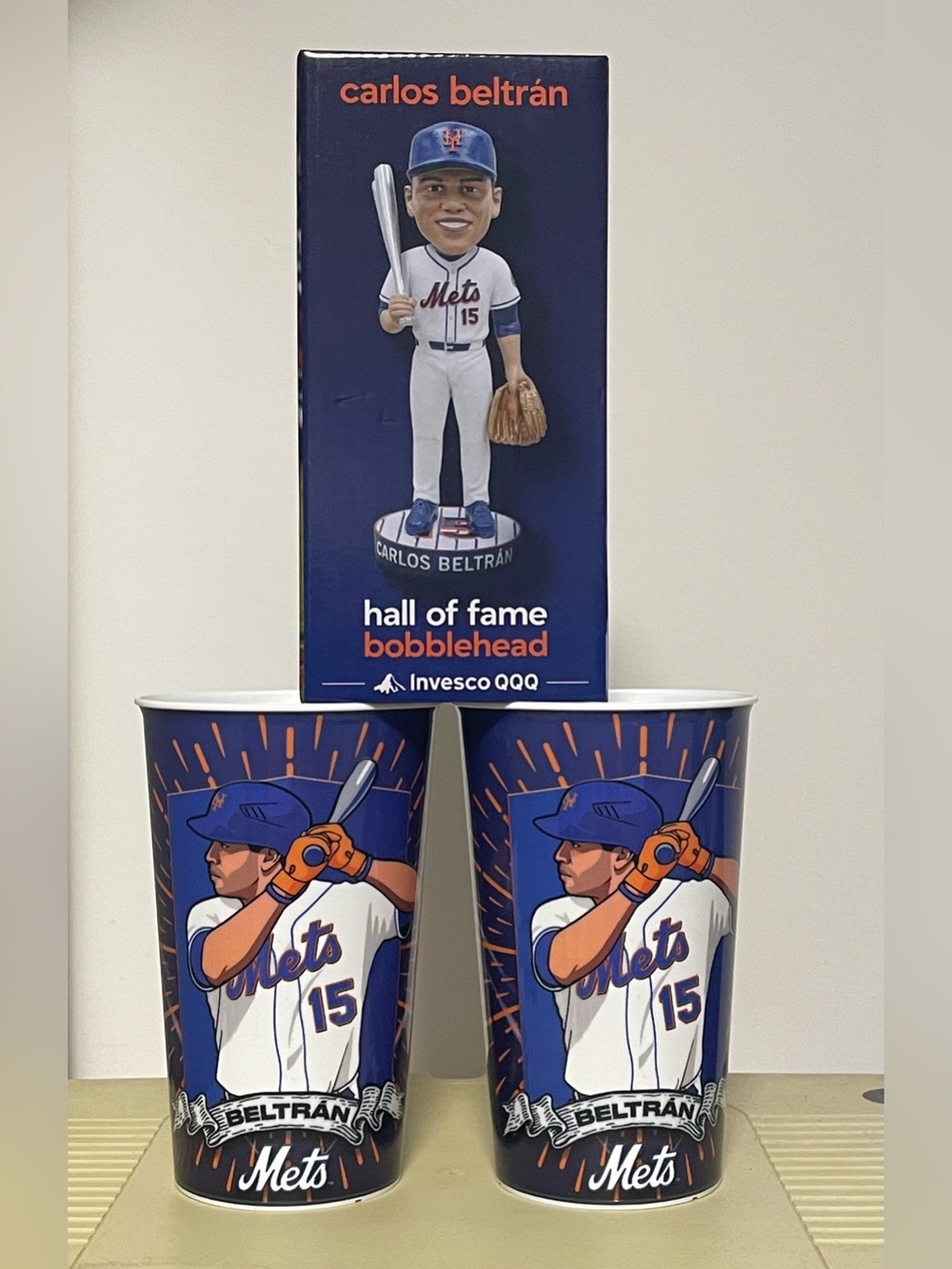 NEW Carlos Beltrán Hall of Fame Navy Blue Bobblehead & Cups Set